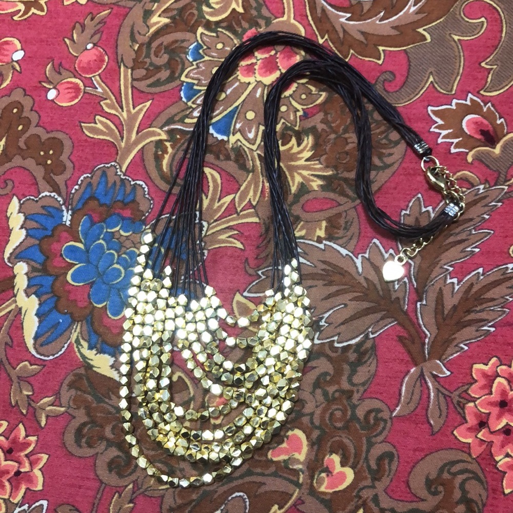 Nakamol Gold Beaded Layered Necklace on Black Leather